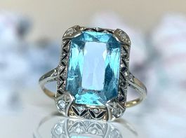 ART DECO Ring Diamantrosen & Blauer Spinell 14K GOLD