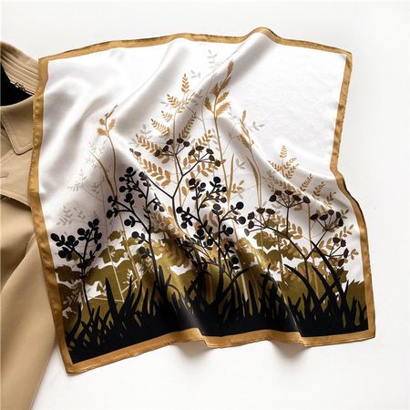 New 53cm 100% Silk Scarf Floral White and Golden Moss Garden