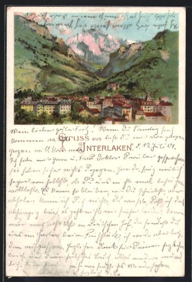 Cartoline postali: Litho Interlaken, Teilansicht mit Bergen – Usato da Berlin venduto da bartko-reher