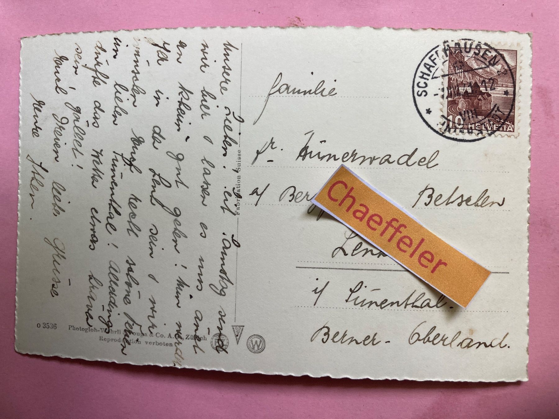 Ansichtskarten: 1941 Schaffhausen. – Gebraucht aus Zürich von Chaeffeler 1