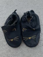 Krabbelschuhe Leder Katze Motiv dunkelblau