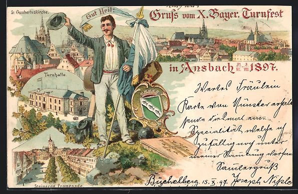Cartoline postali: Litho Ansbach, Gruss vom X. Bayer. Turnf – Usato da Berlin venduto da bartko-reher