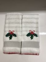 2 Christmas Hand Towels Embroidered Holly Leaves Xmas Decor