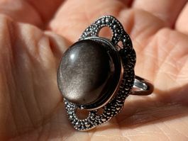 Silber obsidian Vintage-Stil Edelsteinring Verstellbar