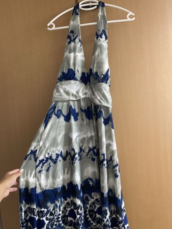 Kleid Neckholder Muster Blau Grau Seide Grösse M Neu