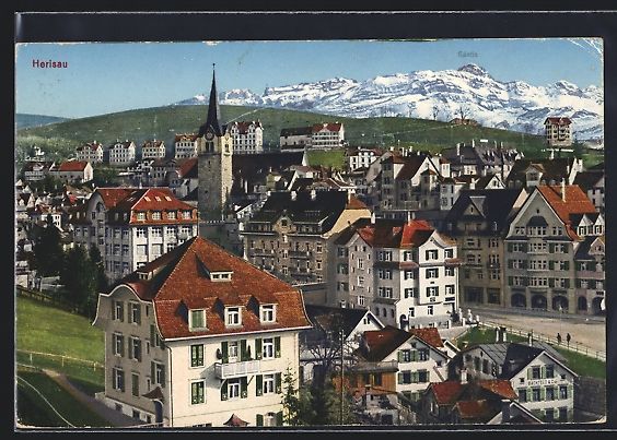 Cartoline postali: AK Herisau, Teilansicht mit Säntis – Usato da Berlin venduto da bartko-reher