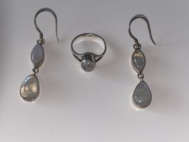 Mondstein Schmuckset, Ring und Ohrringe, 925er Silber