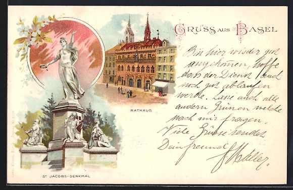 Ansichtskarten: Litho Basel, Rathaus und St. Jacobs-Denk – Gebraucht aus Berlin von bartko-reher