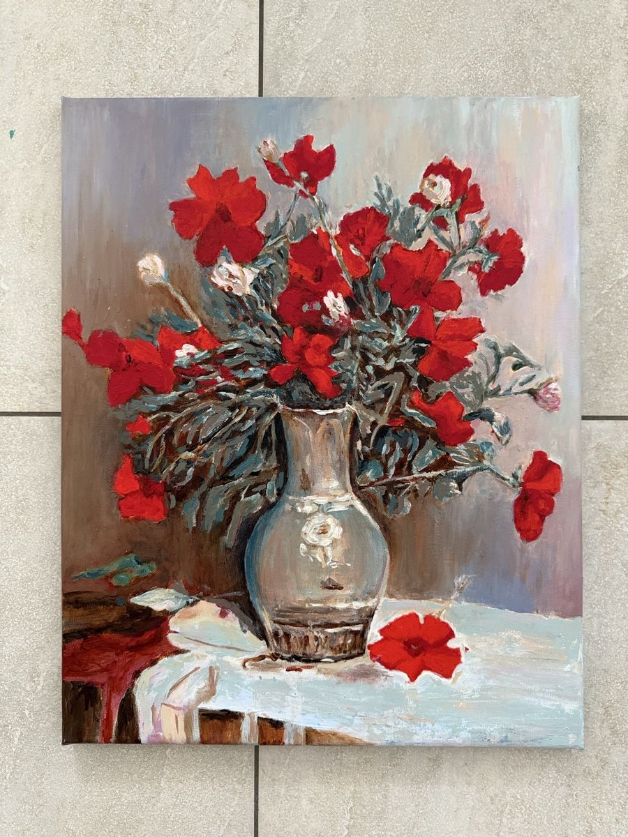 Dipinti: Gemälde auf Leinwand: Blumen in einer Vase. Handgemalt. – Nuovo e nell'imballaggio originale da Siselen BE venduto da Rolf131 2