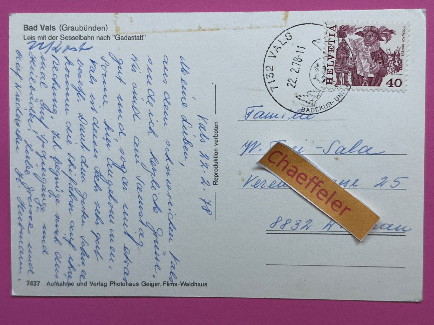 Ansichtskarten: 1978 Bad Vals – Gebraucht aus Zürich von Chaeffeler 1