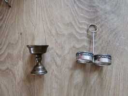 Silber-Halterung Salz-Pfeffer und kl. Bronze-Gefäss 4cm hoch