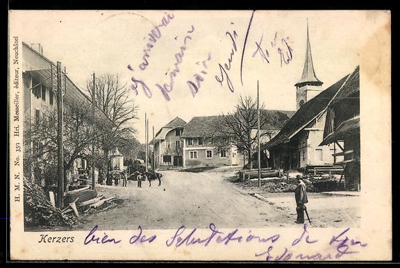 Ansichtskarten: AK Kerzers, Straßenpartie mit Kirche – Gebraucht aus Berlin von bartko-reher