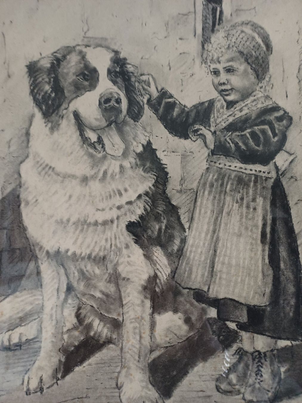 Tableaux: Gemälde Bernhardiner Hund mit kleinen Mädchen Technik mixte – D'occasion à Marly par Rolmax 3