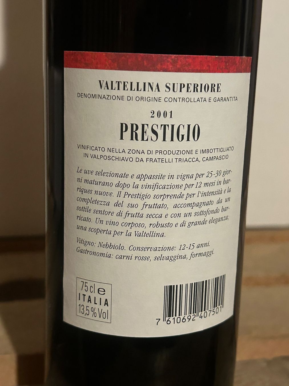 Vino: Triacca Prestigio 2001 Valtellina superiore – Nuovo (secondo la descrizione) da Roche VD venduto da avediscipule 3