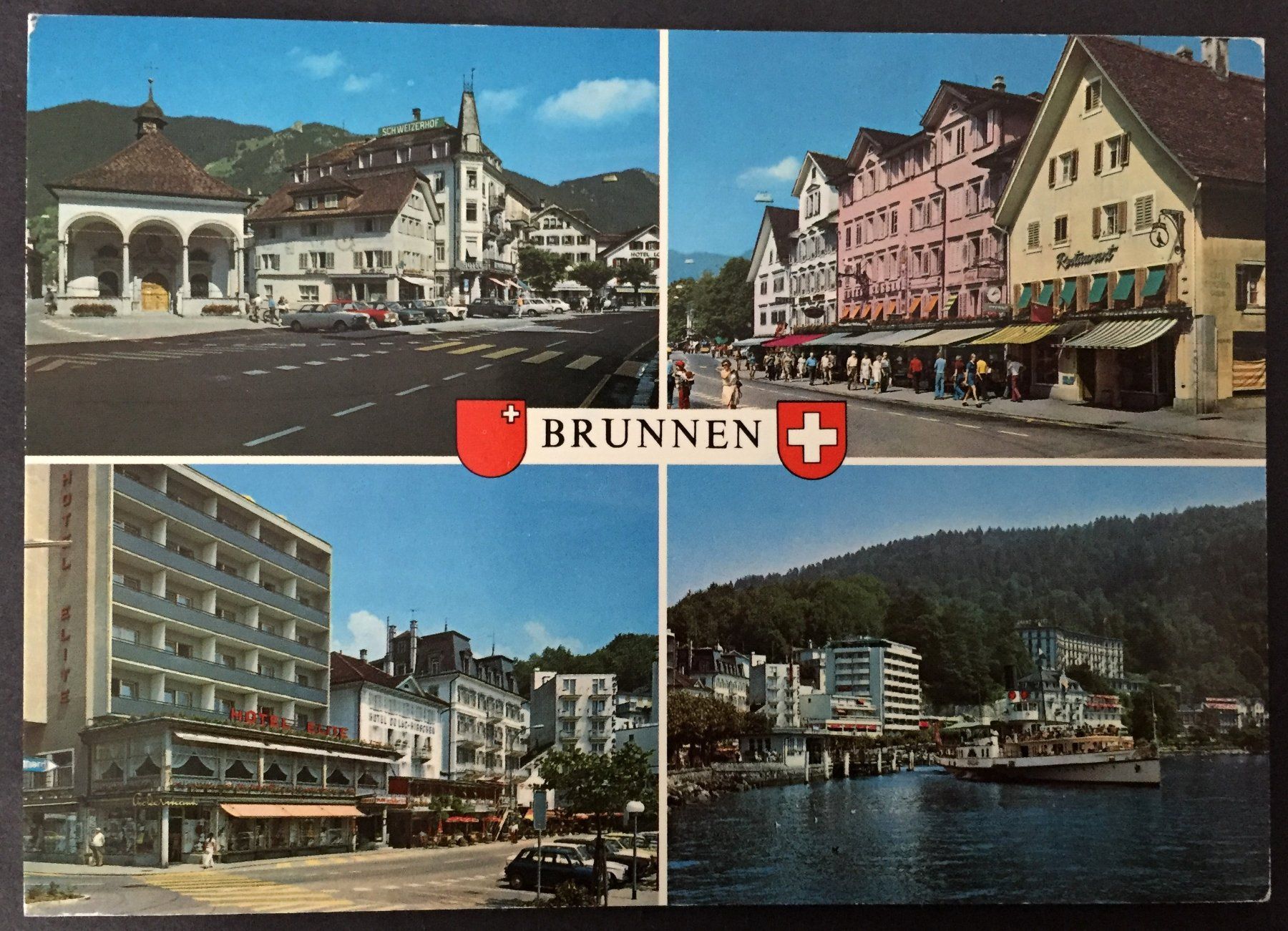 Cartoline postali: BRUNNEN 4 Ansichten, Auto, Schiff – Usato da Jona venduto da philajona