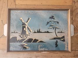 Plateau art déco en verre peint
