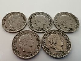 5x antike 10 Rp. Münzen Jg. 1907,1908,1909,1913,1915