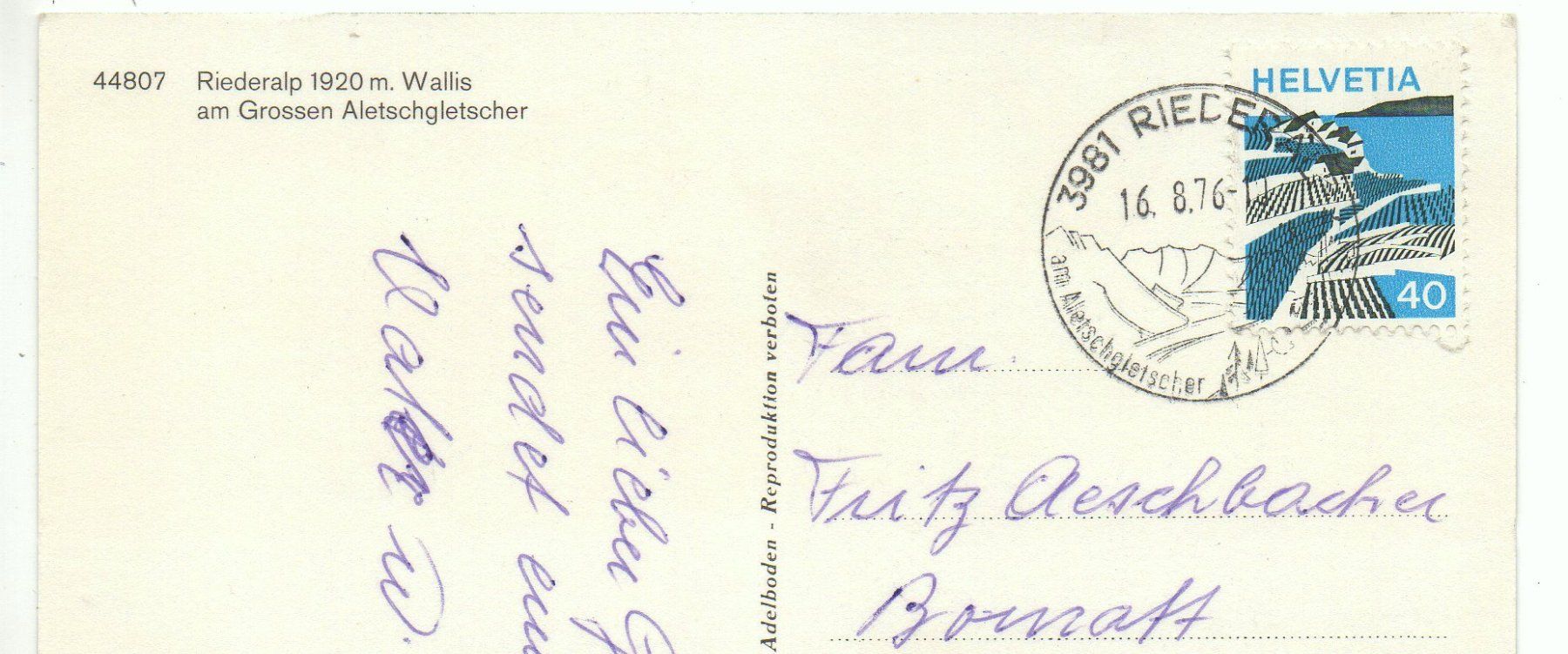 Ansichtskarten: RIEDERALP No. 44807 – Gebraucht aus Jona von philajona 1