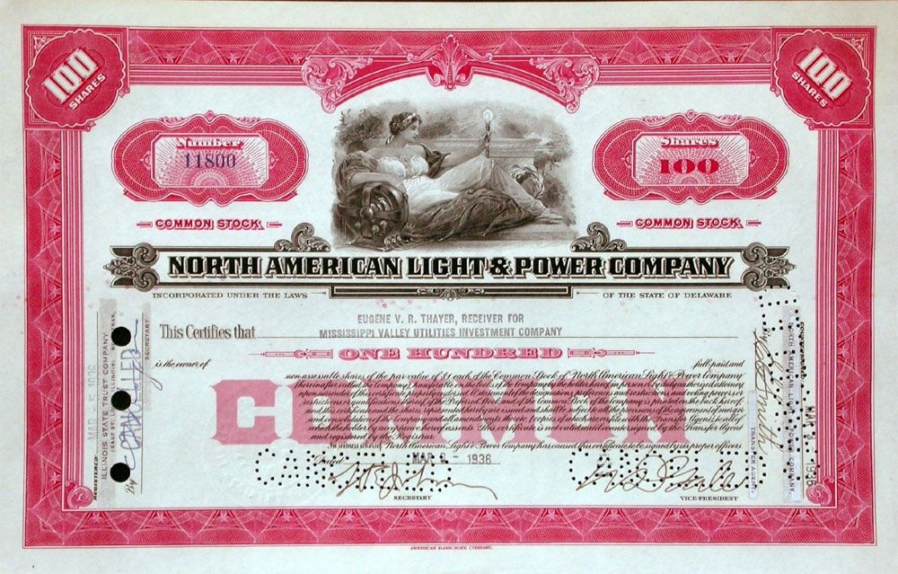 Documenti: North American Light & Power Company - 1935 – Usato da Solothurn venduto da Sgasche