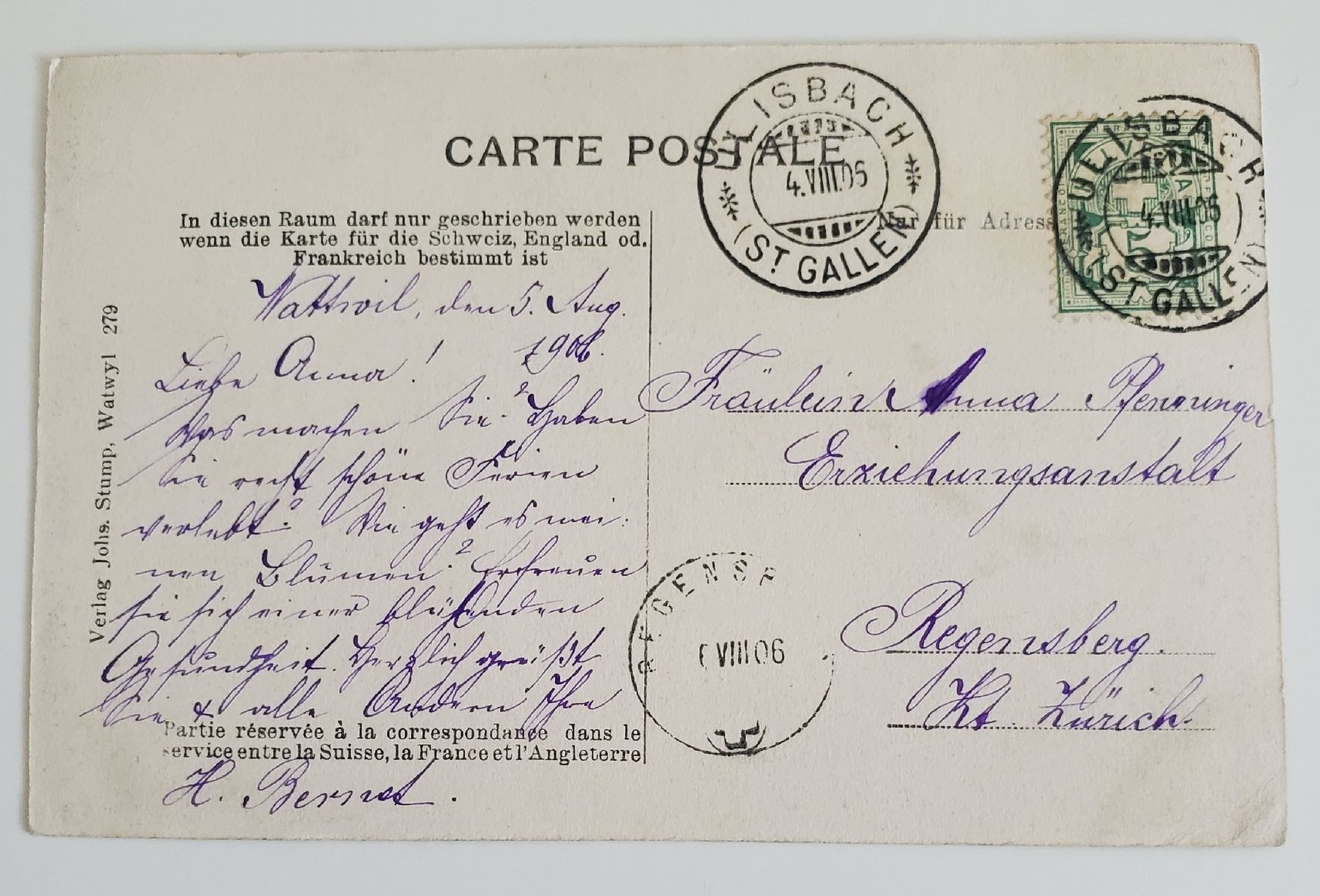 Cartoline postali: Ansichtskarte Watwil mit Stempel Gonten 4. VII. 1905 – Usato da Opfikon venduto da Diversamente 1