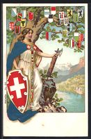Litho Schweiz, Helvetia mit Kantonewappe