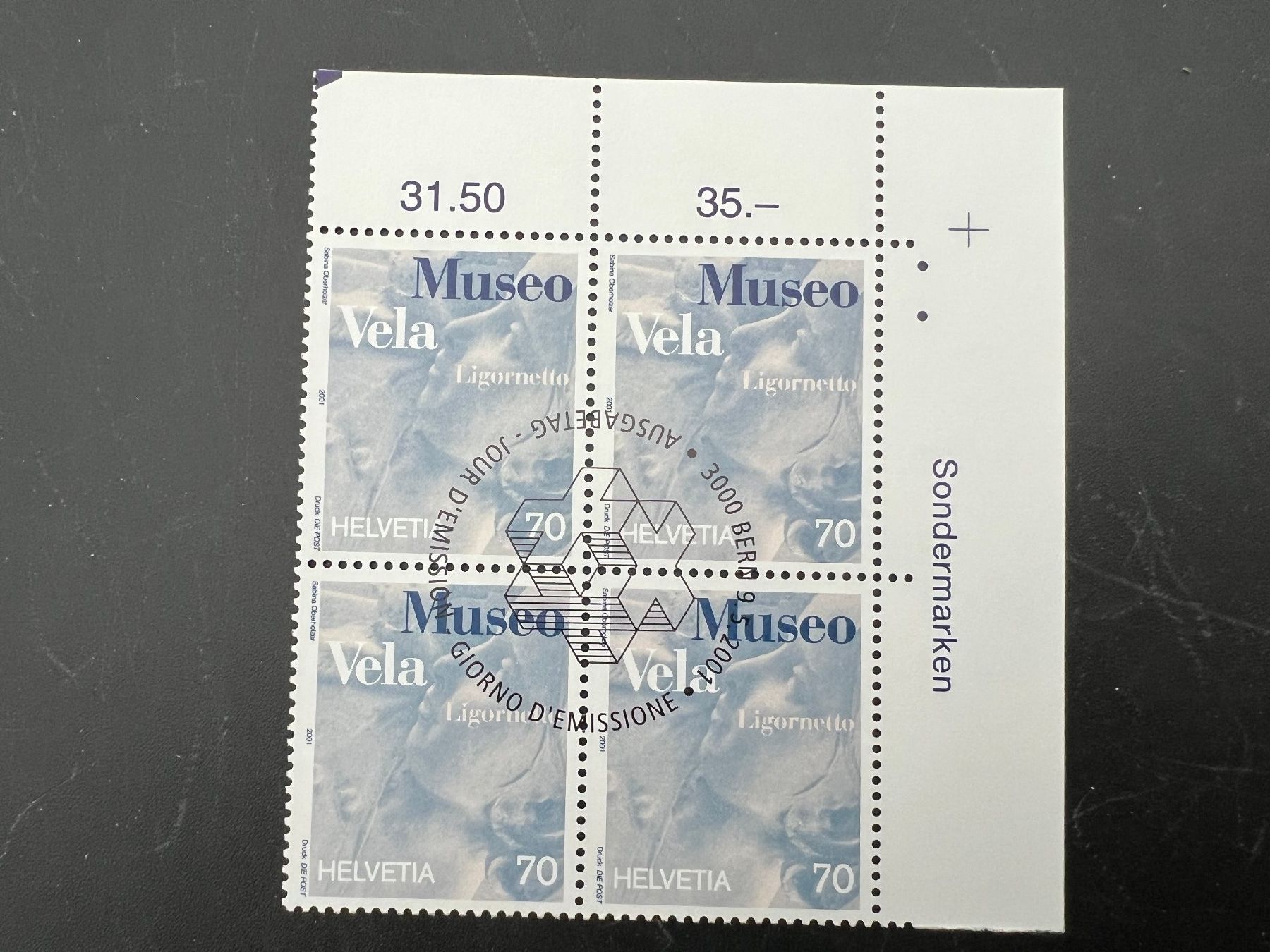Tutti i francobolli: 2001  Erstag gest.Viererblock mit Tab (K41) – Usato da Hinwil venduto da Sidi4