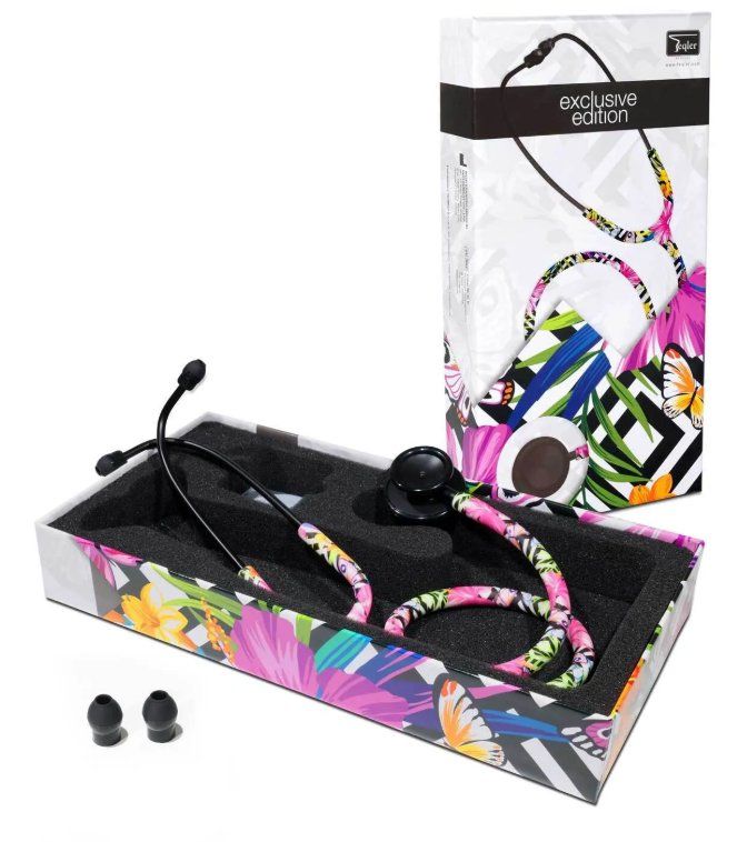 Attrezzature mediche: Doppelkopf-Stethoskop "exclusive edition" FLOWER – Nuovo e nell'imballaggio originale da Schaffhausen venduto da Praxis-Nova 1