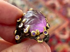 Carved Amethyst & Red Garnets Black SS925 Gold Vermeil Ring