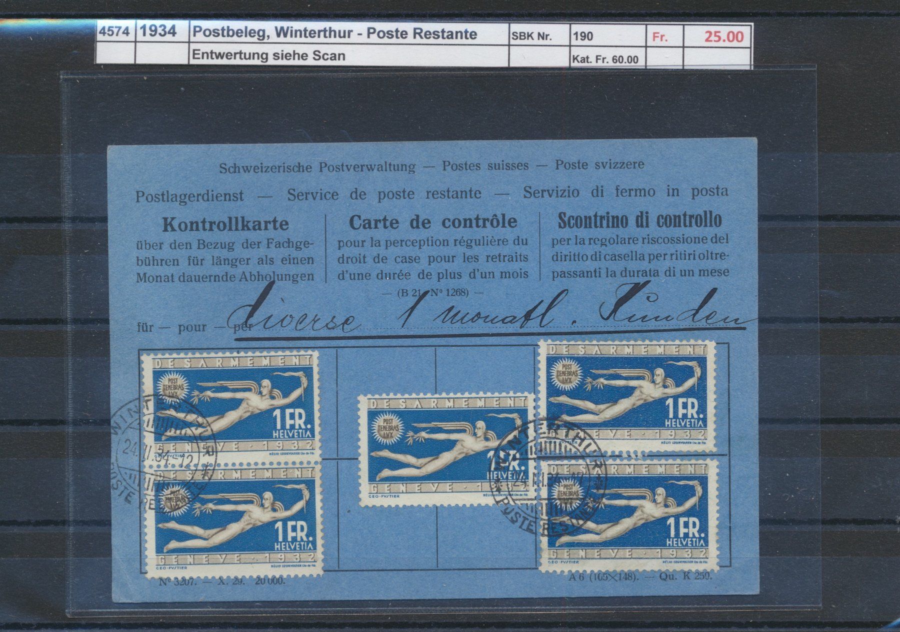 Tous les timbres: 1934 Postbeleg, "Winterthur - Poste Restante" – D'occasion à Winterthur par Zupogeru