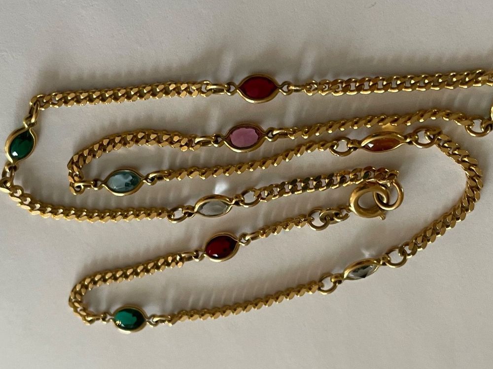 Superbe Collier Art Nouveau Des Années 1930 – Maille Fine, Plaqué Or 18K (750/1000) Avec Petite Pierre Discrète
