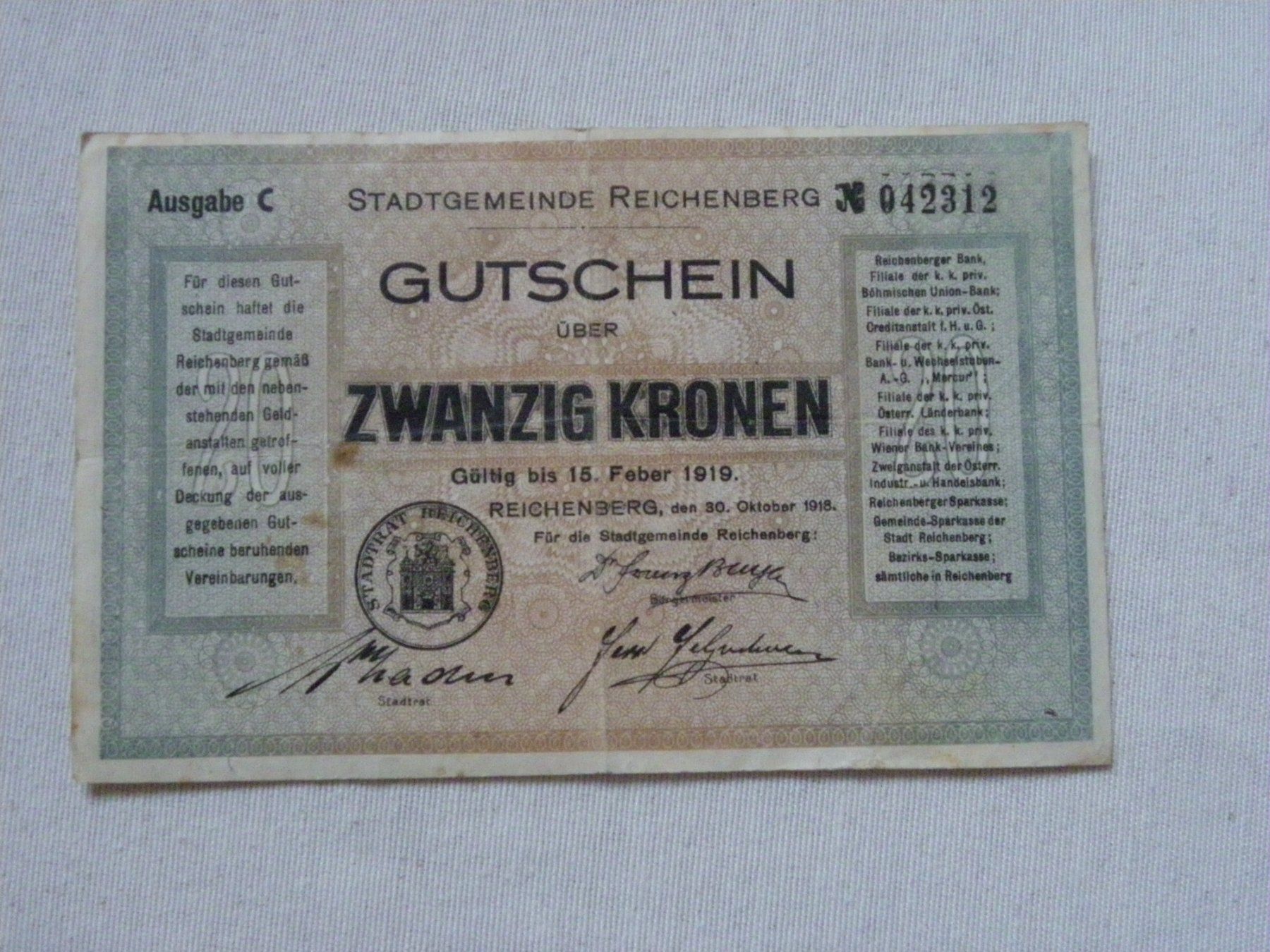 Banknoten: Antiker Gutschein Reichenberg, Zwanzig Kronen, 1919 – Gebraucht aus Untersiggenthal von Gas61