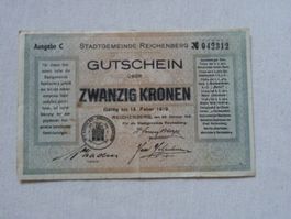 Antiker Gutschein Reichenberg, Zwanzig Kronen, 1919
