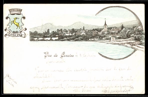 Ansichtskarten: Lithographie Concise, Panorama mit Kirche, Wappen – Gebraucht aus Berlin von bartko-reher