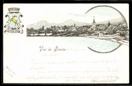 Lithographie Concise, Panorama mit Kirche, Wappen