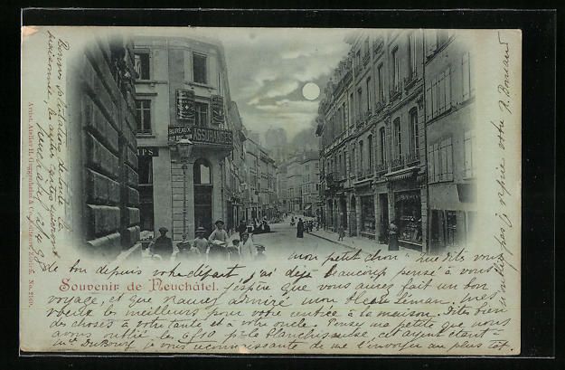 Cartoline postali: Mondschein-AK Neuchâtel, Strassenpartie – Usato da Berlin venduto da bartko-reher