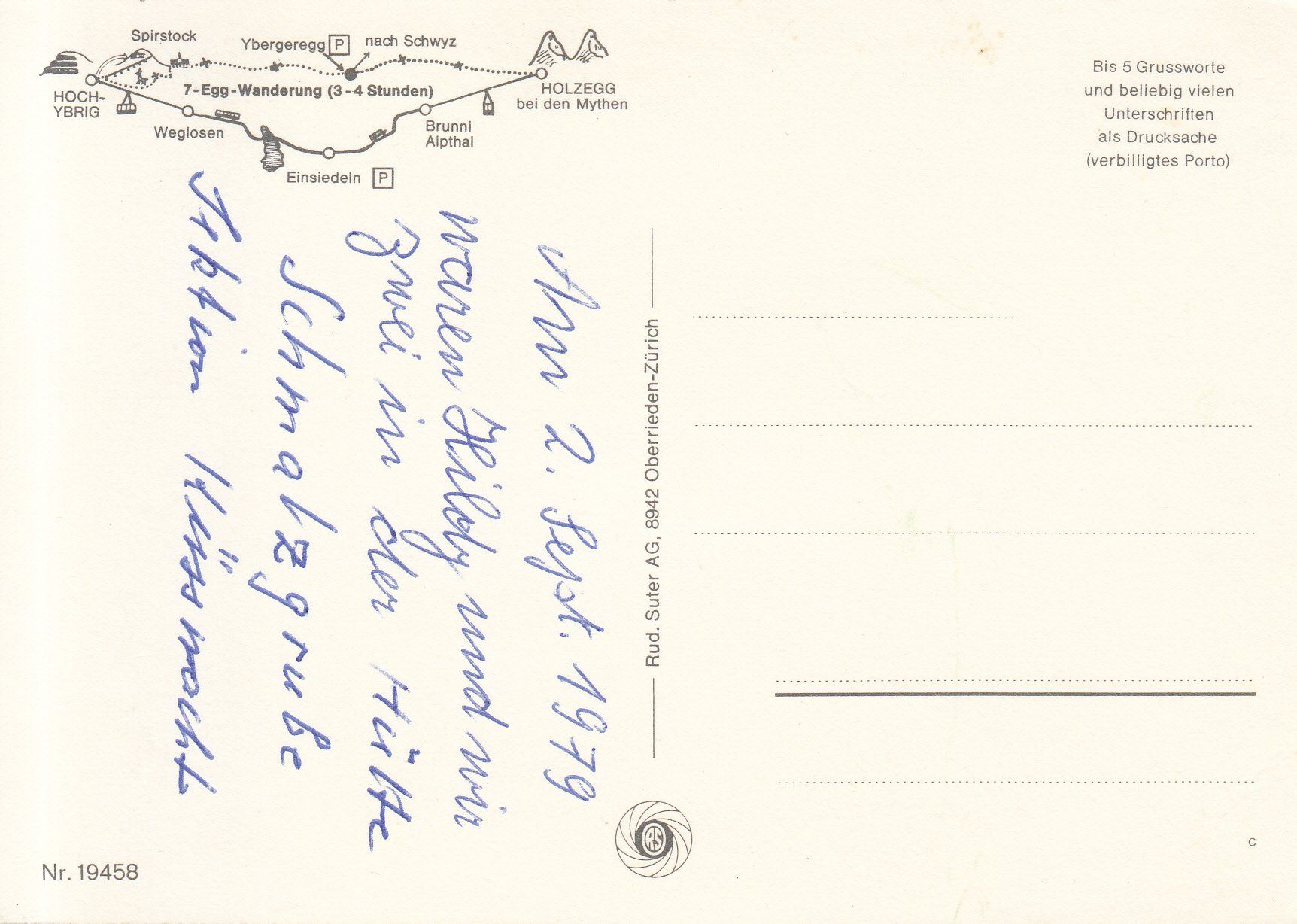 Cartoline postali: Hoch Ybrig 7 Egg Wanderung 1979 – Usato da Bürglen TG venduto da StampGraf 1