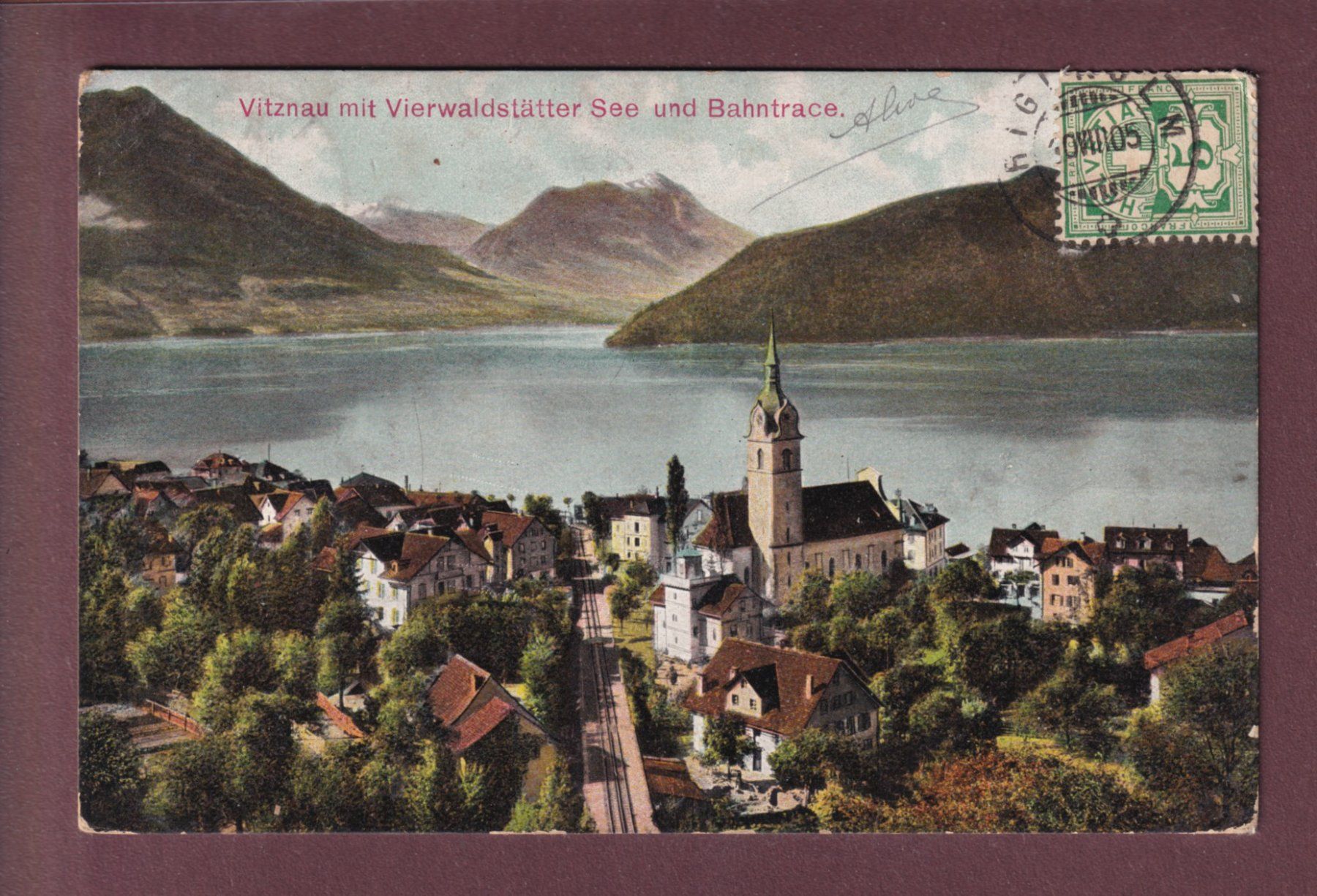 Cartoline postali: VITZNAU - Bahntrace - Kirche - 1905 – Usato da Pully venduto da nicecards