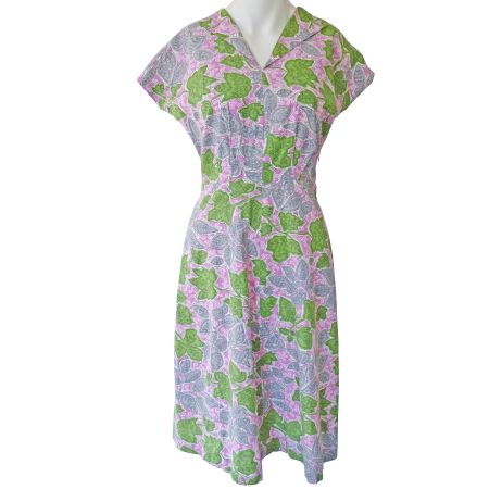 Kleid Gr. S Baumwolle lila-grün Blättermuster VINTAGE 1950s