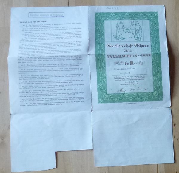 Migros Documents: ++ Anteilschein Genossenschaft Migros Bern – D'occasion à Walkringen par Casablanca777 1
