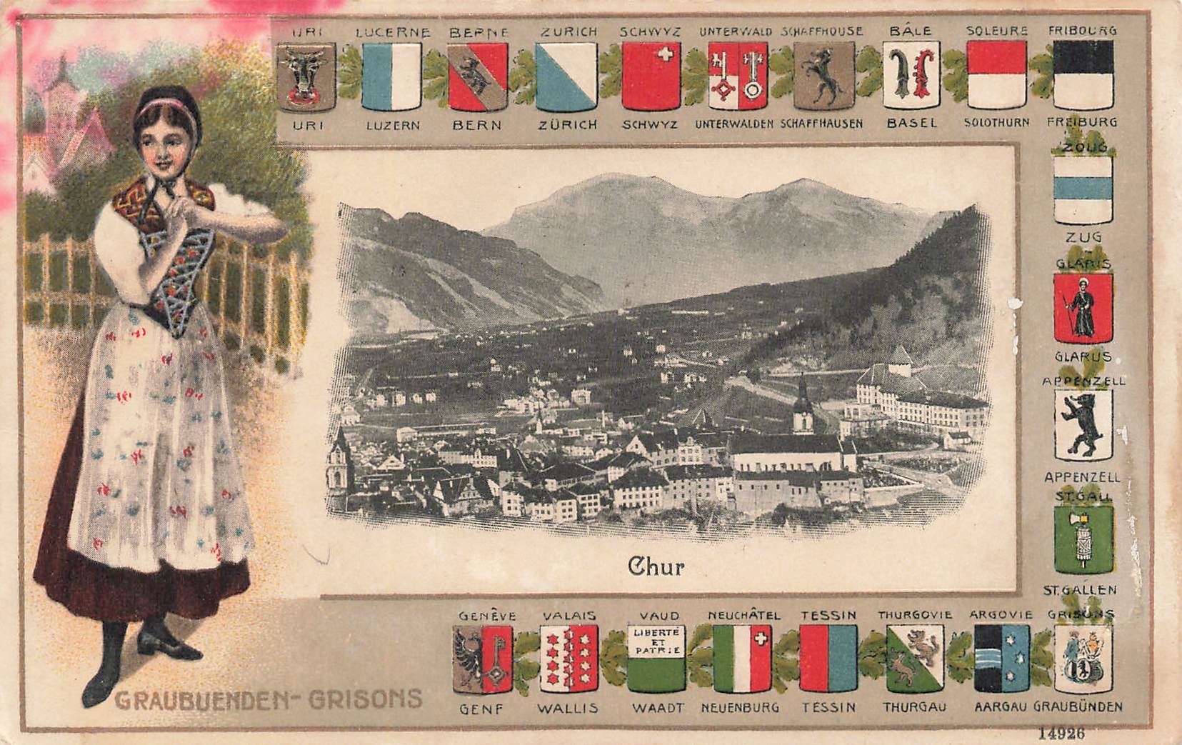 Ansichtskarten: Chur GR Panorama mit Kantonswappen – Gebraucht aus Biasca von Blenio71