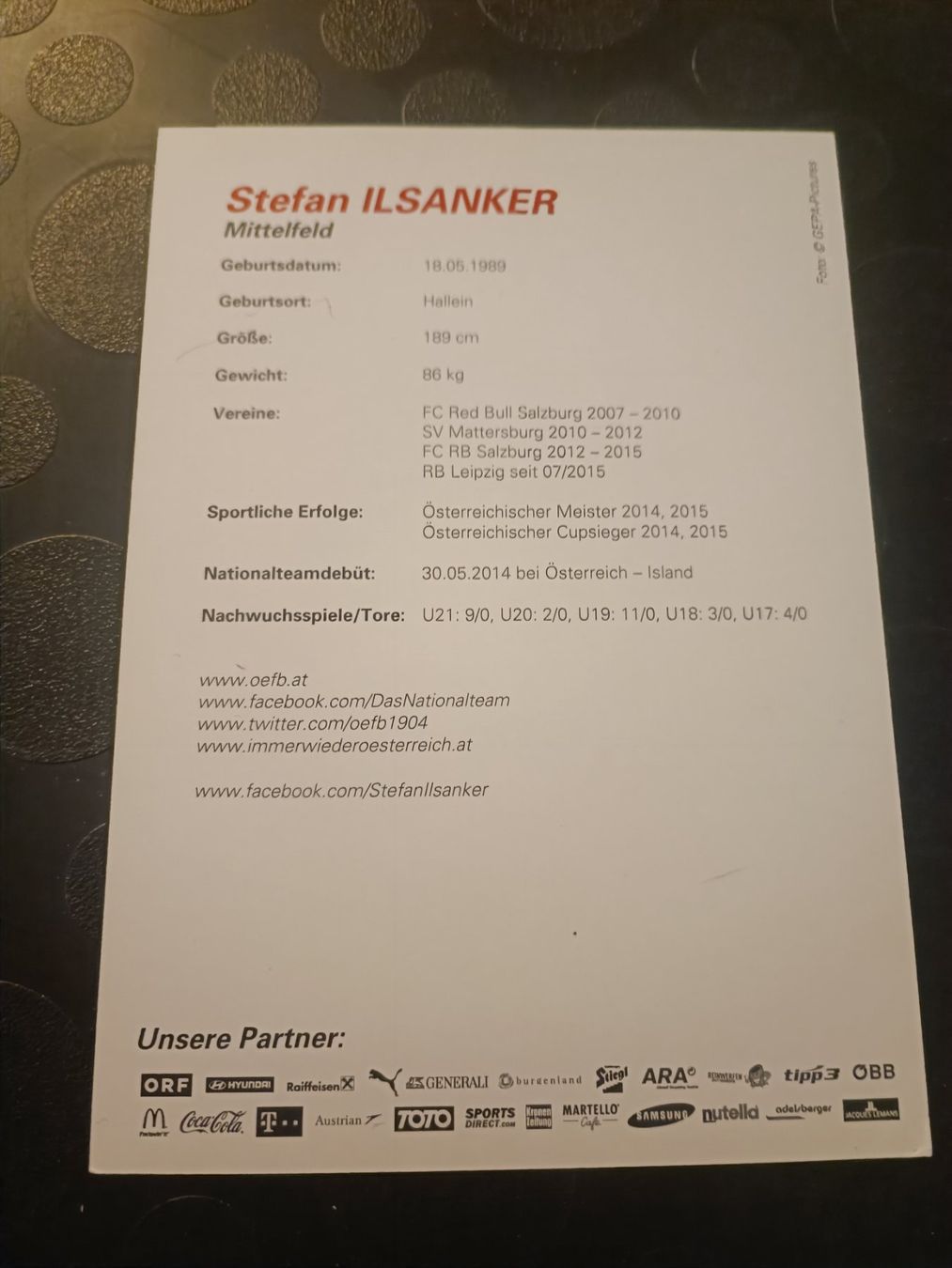 Autografi: Stefan Ilsanker - handsig.  ÖFB Autogrammkarte von 2016 – Usato da Menziken venduto da Artographs 1