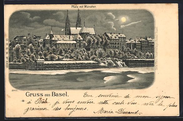 Ansichtskarten: Winter-Lithographie Basel, Pfalz mit M – Gebraucht aus Berlin von bartko-reher