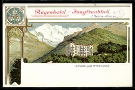 Lithographie Interlaken, Rugenhotel Jungfraublick von J. Oes