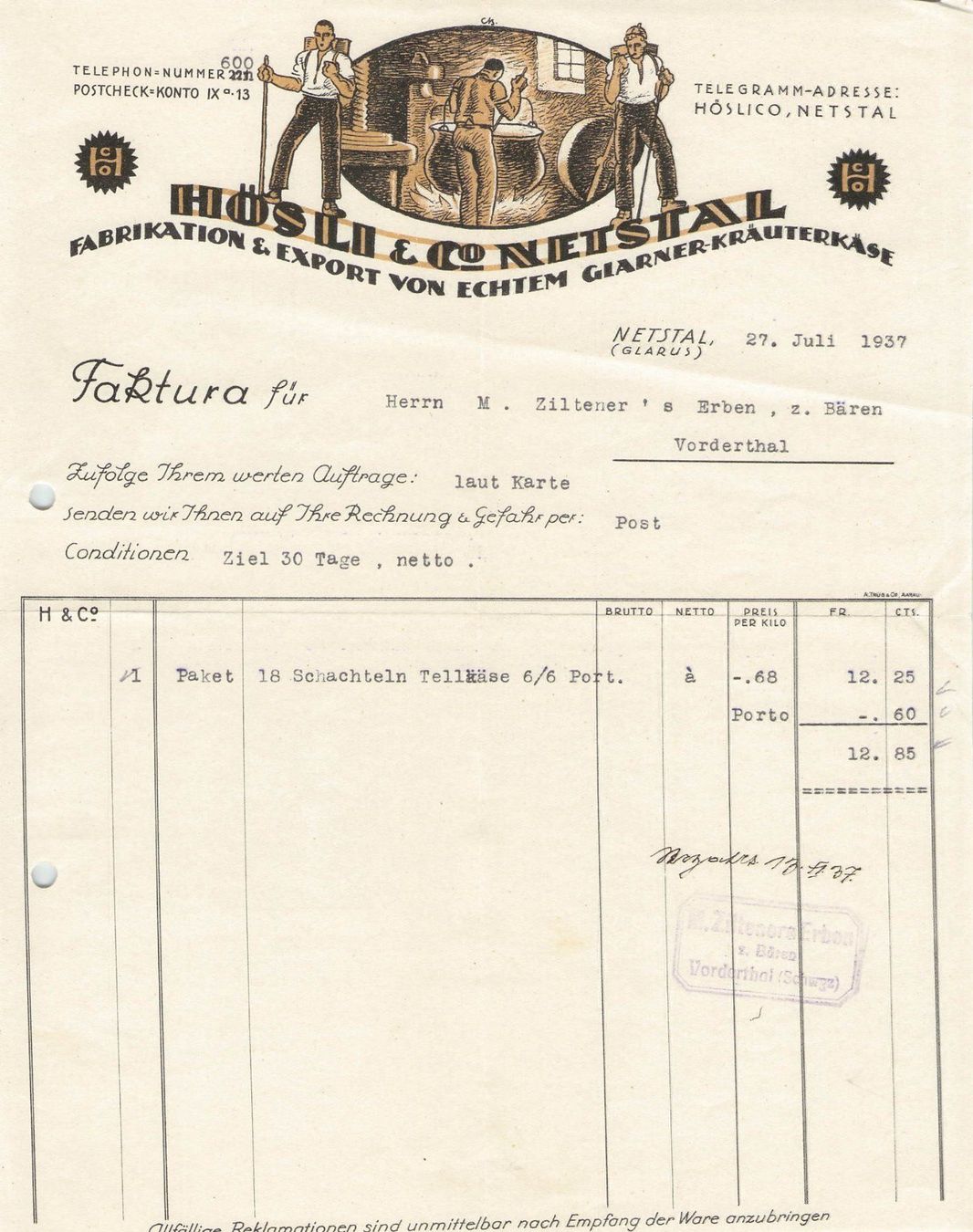 Cartoline postali: Netstal Glarus ,Rechnung Hösli & Co,1937 – Usato da Reichenburg venduto da Pipo-67