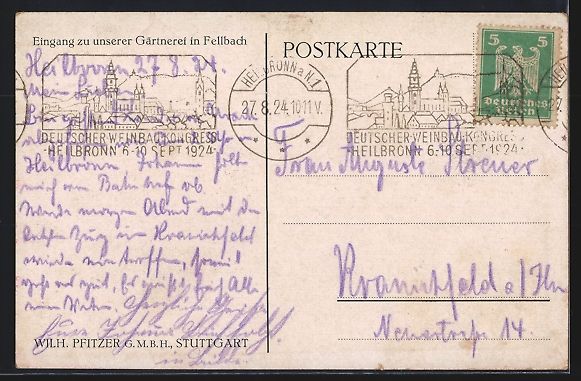 Cartoline postali: Fellbach, Vorgarten der Gärtnerei v. Wi – Usato da Berlin venduto da bartko-reher 1