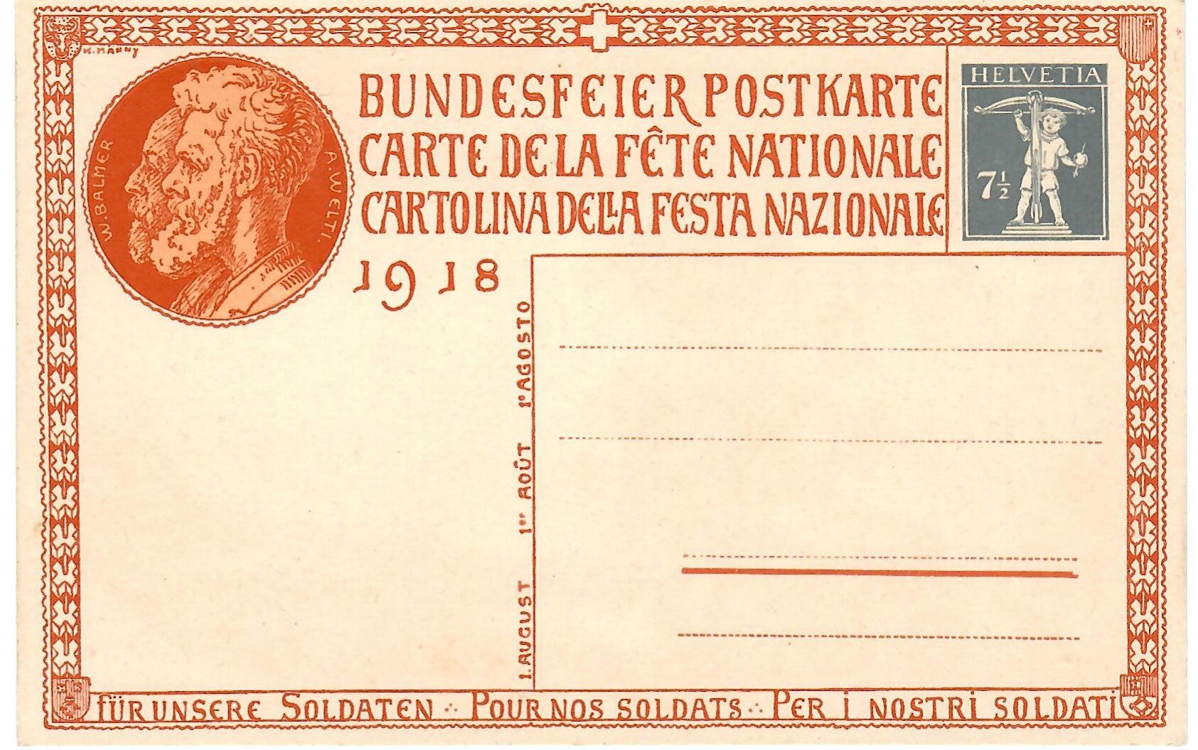 Cartoline postali: Bundesfeier - Postkarte - 1918 – Usato da Zweisimmen venduto da jakobsweg 1
