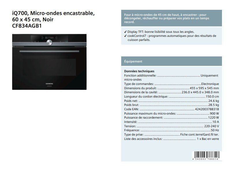 Siemens Forni: Micro-Ondes Siemens CF834AGB1 – Usato da La Chaux-de-Fonds venduto da CaritasNE 4