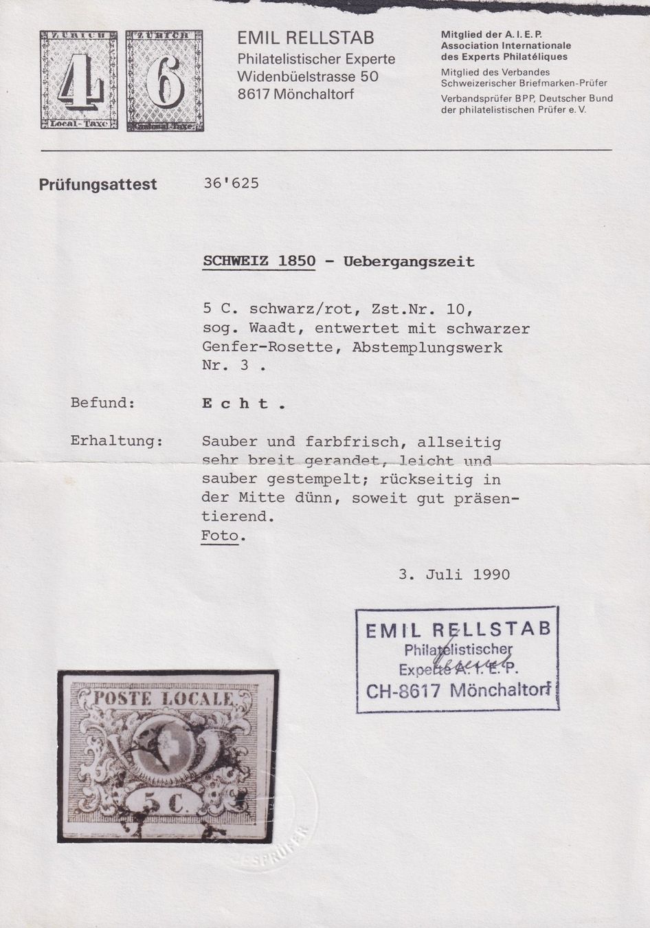 Tutti i francobolli: Nr.10, WAADT 5, mit schwarzer Genfer Rosette, Kat: 2500.- – Usato da Ebikon venduto da SilvioFreund 2