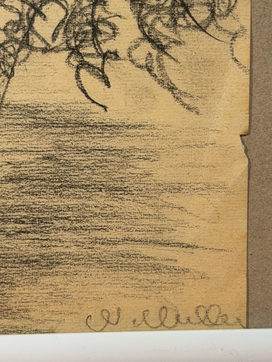 Dipinti: Framed Charcoal Drawing - Trees and Boats, signed Muller – Usato da Lausanne venduto da artnouveau05 3