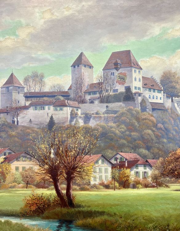 Imposantes Öl Gemälde Schloss Burgdorf Goldrahmen signiert